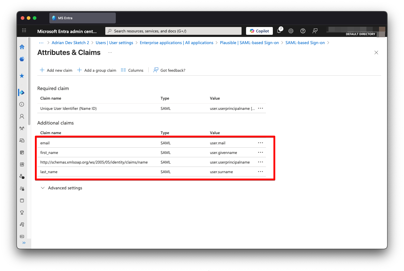 MS Entra claims edited