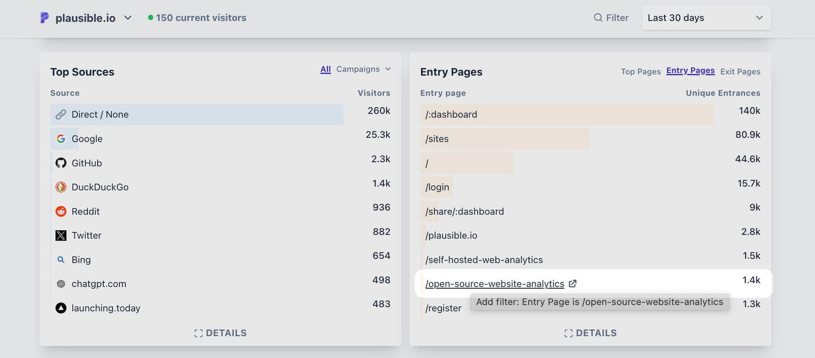 Adding filter directly from the Pages report